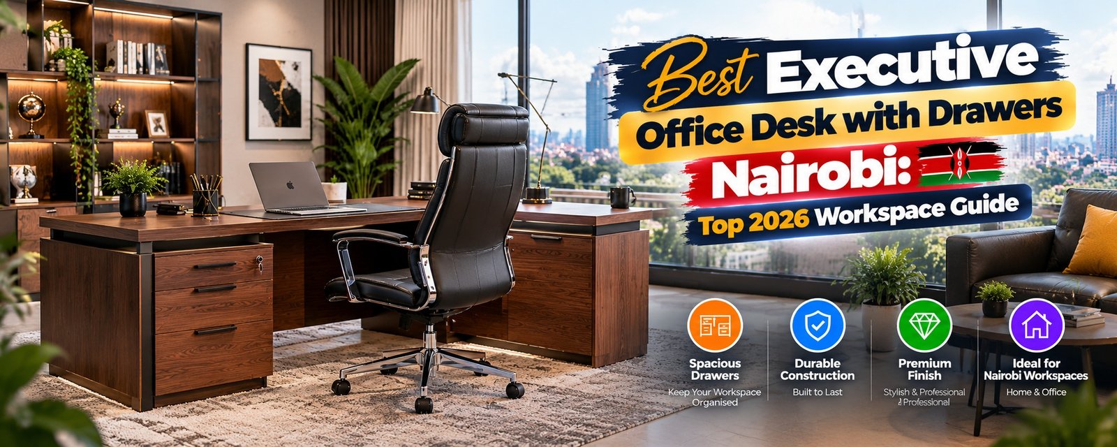 Best executive office desk with drawers nairobi paired with best ergonomic office chairs in kenya wide header banner visual by TFG Nairobi.