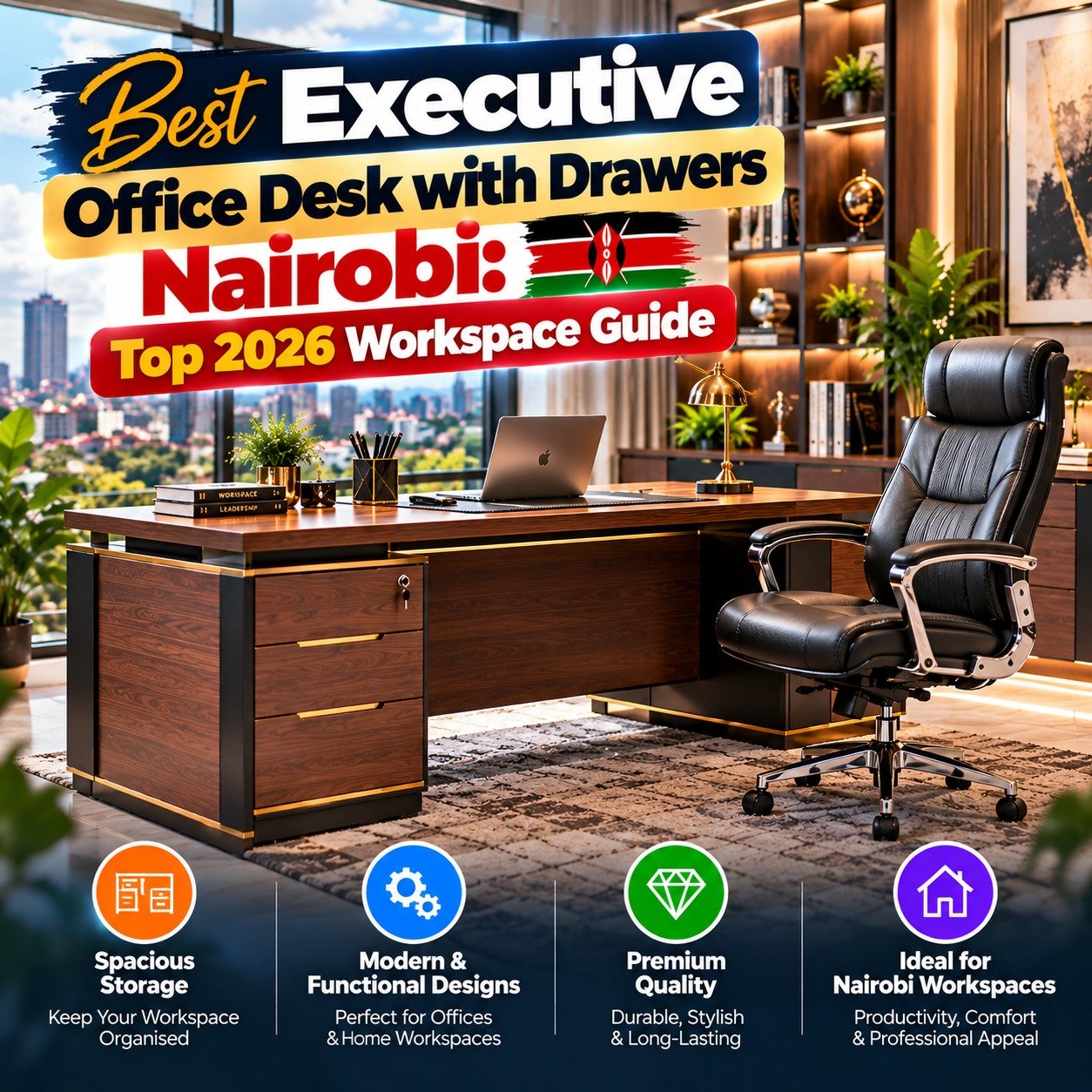 Best executive office desk with drawers nairobi paired with best ergonomic office chairs in kenya catalog guide visual by TFG Nairobi.