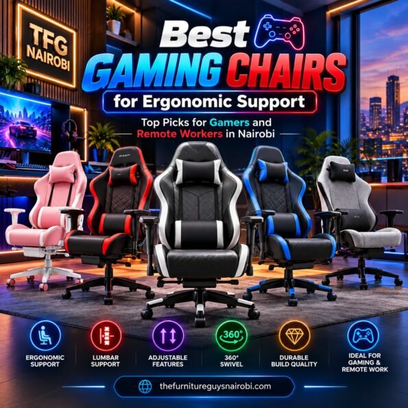 Lineup of the best gaming chairs for ergonomic support in Nairobi Kenya by TFG Nairobi featuring lumbar support and 360 swivel.