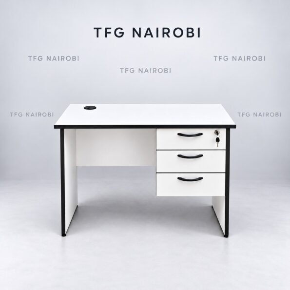Compact office desk with drawers Kenya – 100cm white desk with 3 lockable drawers, cable grommet and black accent trim, Northlands, Nairobi