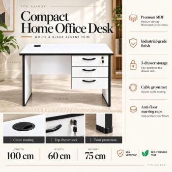 Compact office desk with drawers Kenya – features infographic of white MDF desk with black trim, 3 drawers, top drawer lock, cable grommet, 100x60x75cm, Northlands, Nairobi