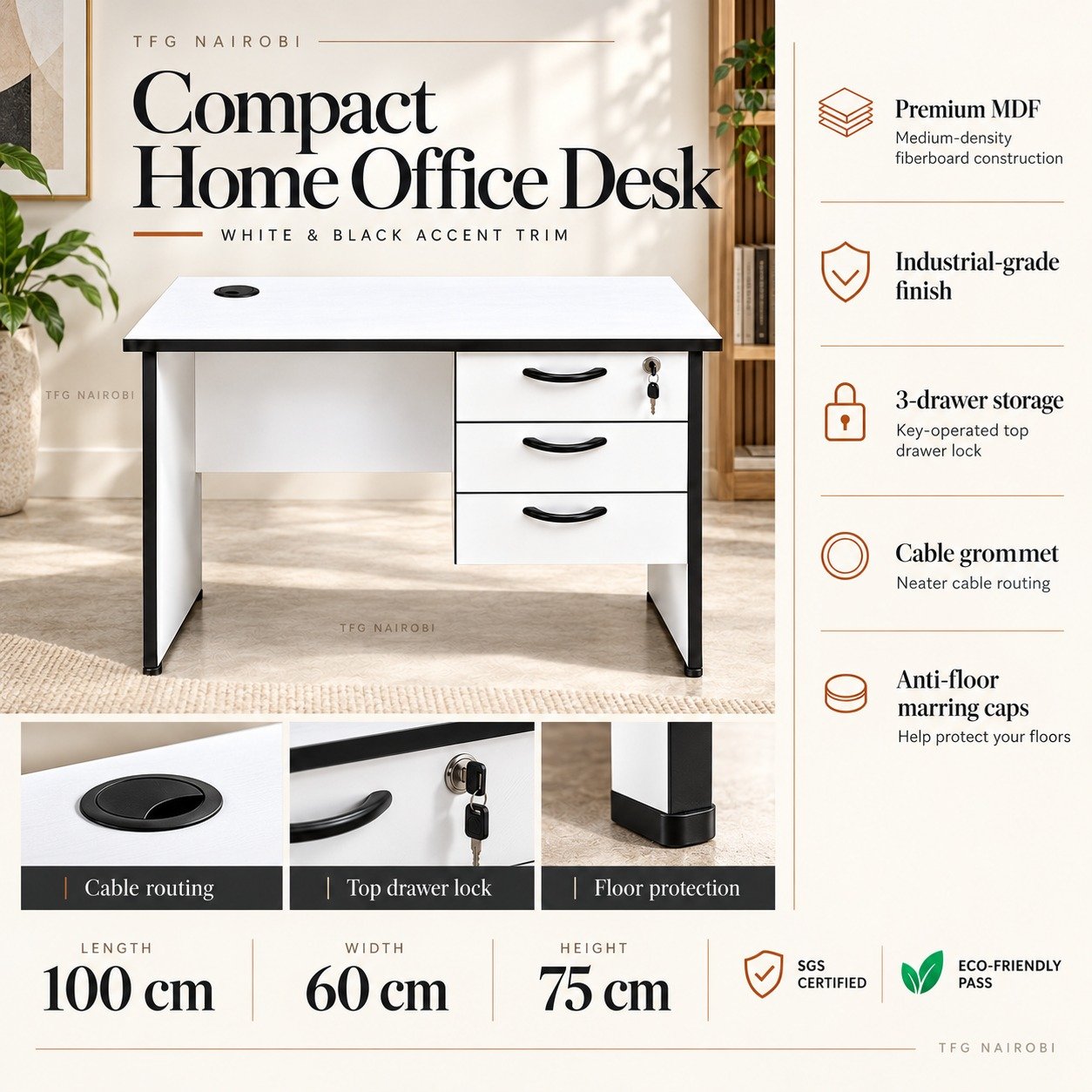 Compact Office Desk with Drawers Kenya – Features Compact office desk with drawers Kenya – features infographic of white MDF desk with black trim, 3 drawers, top drawer lock, cable grommet, 100x60x75cm, Northlands, Nairobi