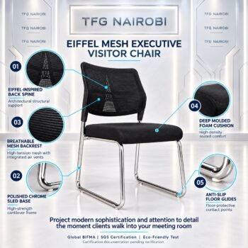 Eiffel Mesh Executive Visitor Chair feature breakdown infographic available at The Furniture Guys Nairobi in Westlands Kenya