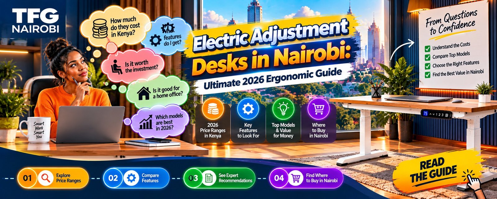 Electric adjustment desks in Nairobi guide banner featured with the best ergonomic office chairs in kenya by TFG Nairobi.