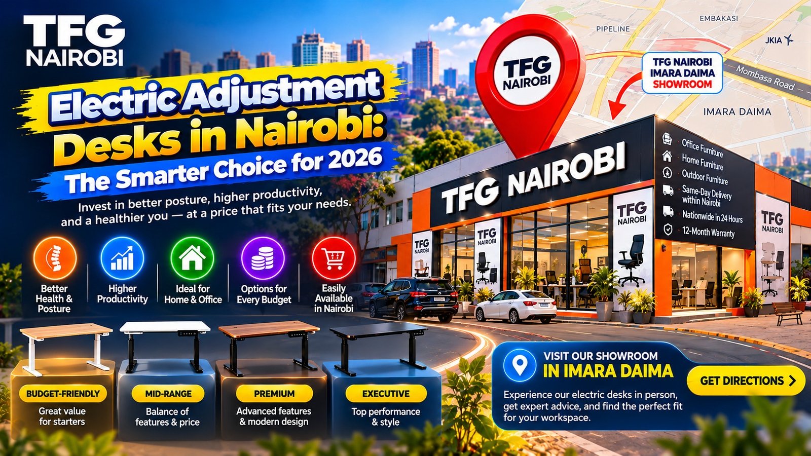 Electric adjustment desks at TFG Nairobi Imara Daima showroom paired with the best ergonomic office chairs in kenya.