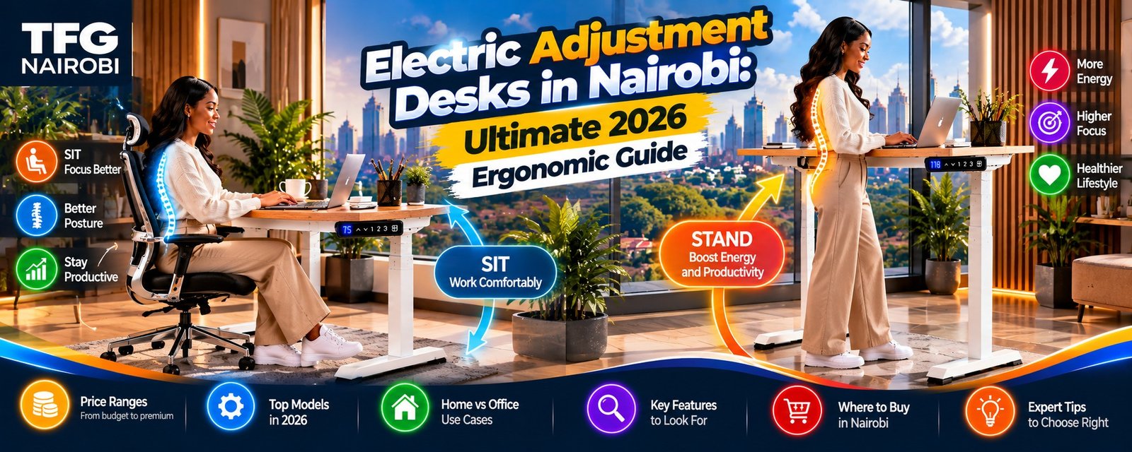 Electric adjustment desks in Nairobi showing sitting and standing posture transitions paired with the best ergonomic office chairs in kenya by TFG Nairobi.