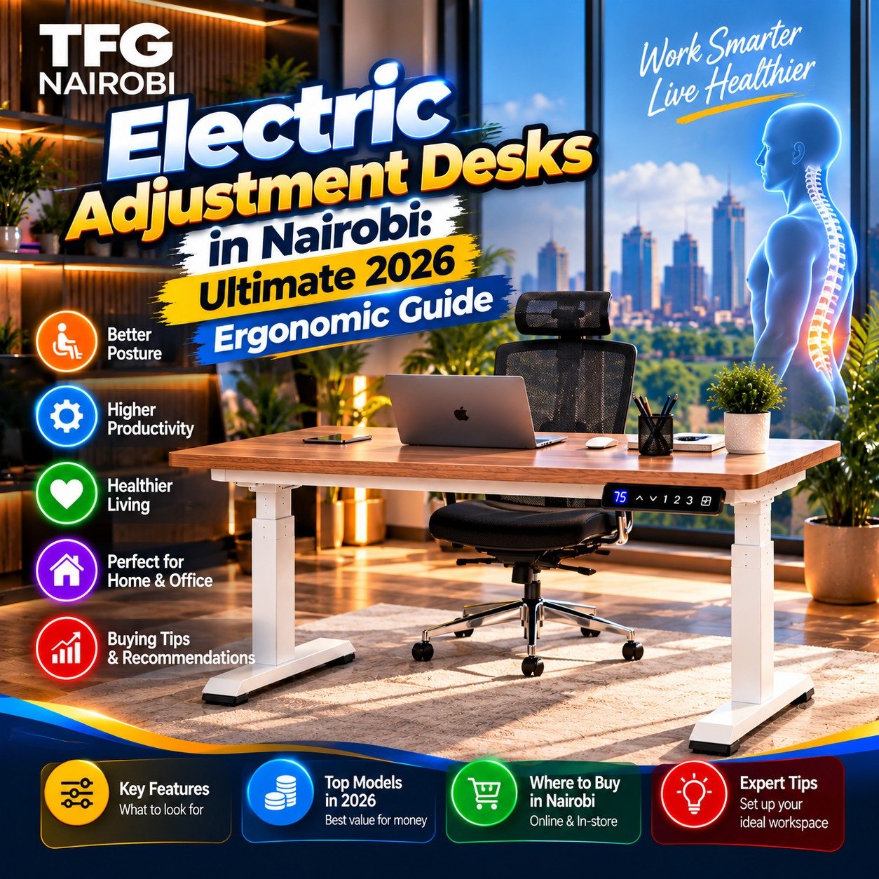 Electric adjustment desks in Nairobi displayed with the best ergonomic office chairs in kenya by TFG Nairobi.
