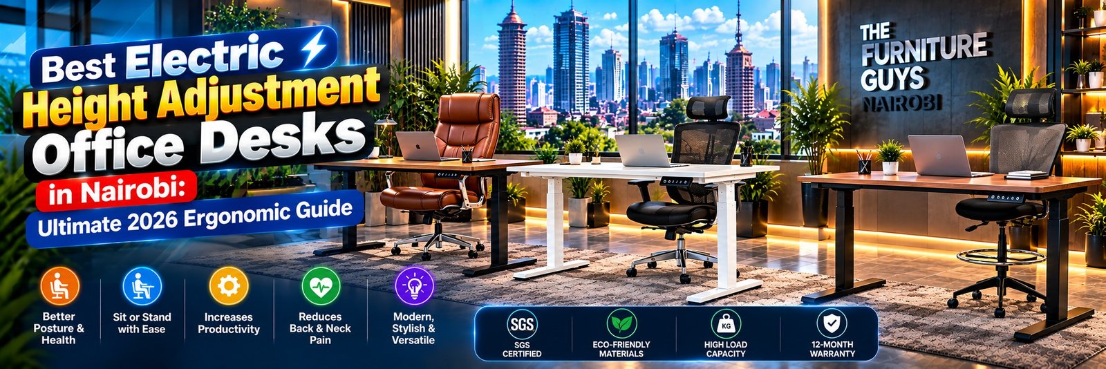 Electric height adjustment office desks in Nairobi paired with the best ergonomic office chairs in kenya by TFG Nairobi.