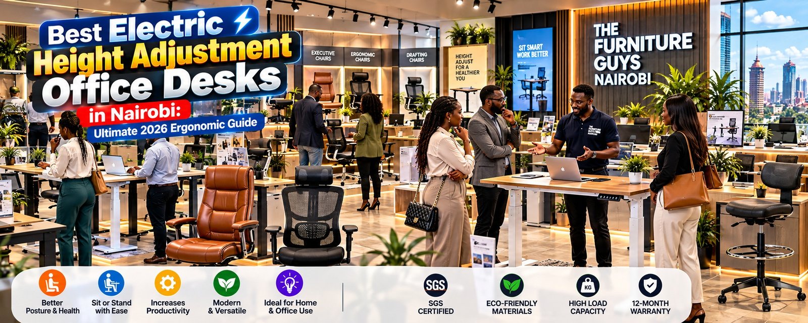 Electric height adjustment office desks featured at TFG Nairobi showroom alongside the best ergonomic office chairs in kenya.