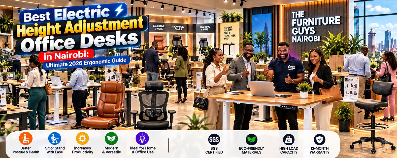 Electric height adjustment office desks showcased at TFG Nairobi alongside the best ergonomic office chairs in kenya.