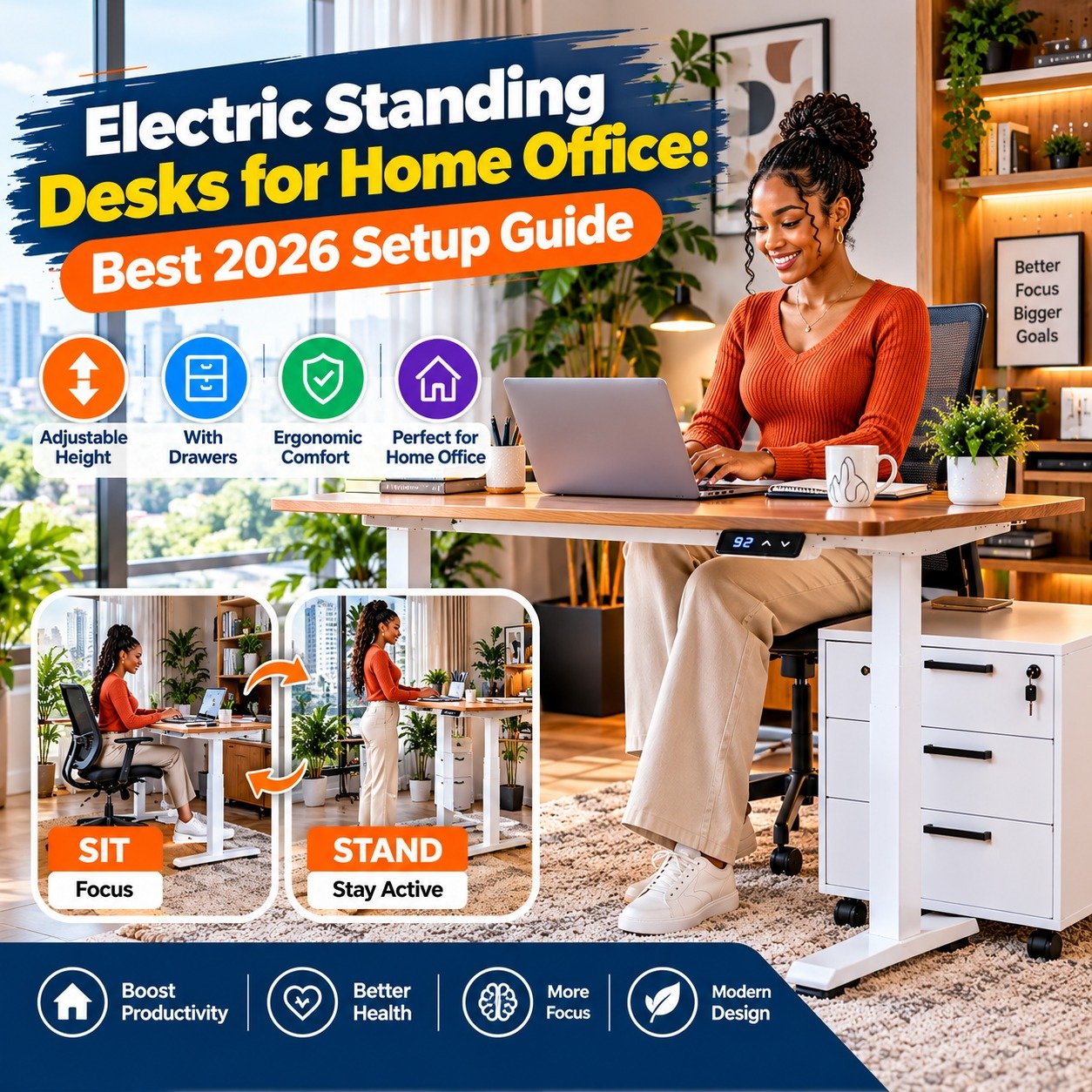 Electric standing desks for home office guide visual featured alongside best ergonomic office chairs in kenya catalog by TFG Nairobi.
