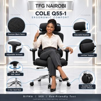 Technical feature infographic for Ergonomic High Back Office Chair Kenya COLE Q55-1 in black fabric showing adjustable headrest, lumbar support, 3D armrests, and 5-star steel base in Loresho Nairobi