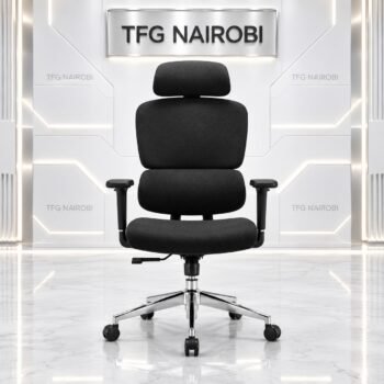 Front view of Ergonomic High Back Office Chair Kenya COLE Q55-1 in all-black fabric with adjustable headrest, 3D armrests, and chrome base against TFG Nairobi studio backdrop in Loresho Nairobi