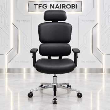 Ergonomic high back office chair Kenya – COLE Q55-2 all black leather chair with lumbar support, adjustable headrest and chrome base, Westlands, Nairobi