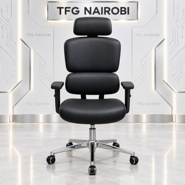 Ergonomic high back office chair Kenya – COLE Q55-2 all black leather chair with lumbar support, adjustable headrest and chrome base, Westlands, Nairobi