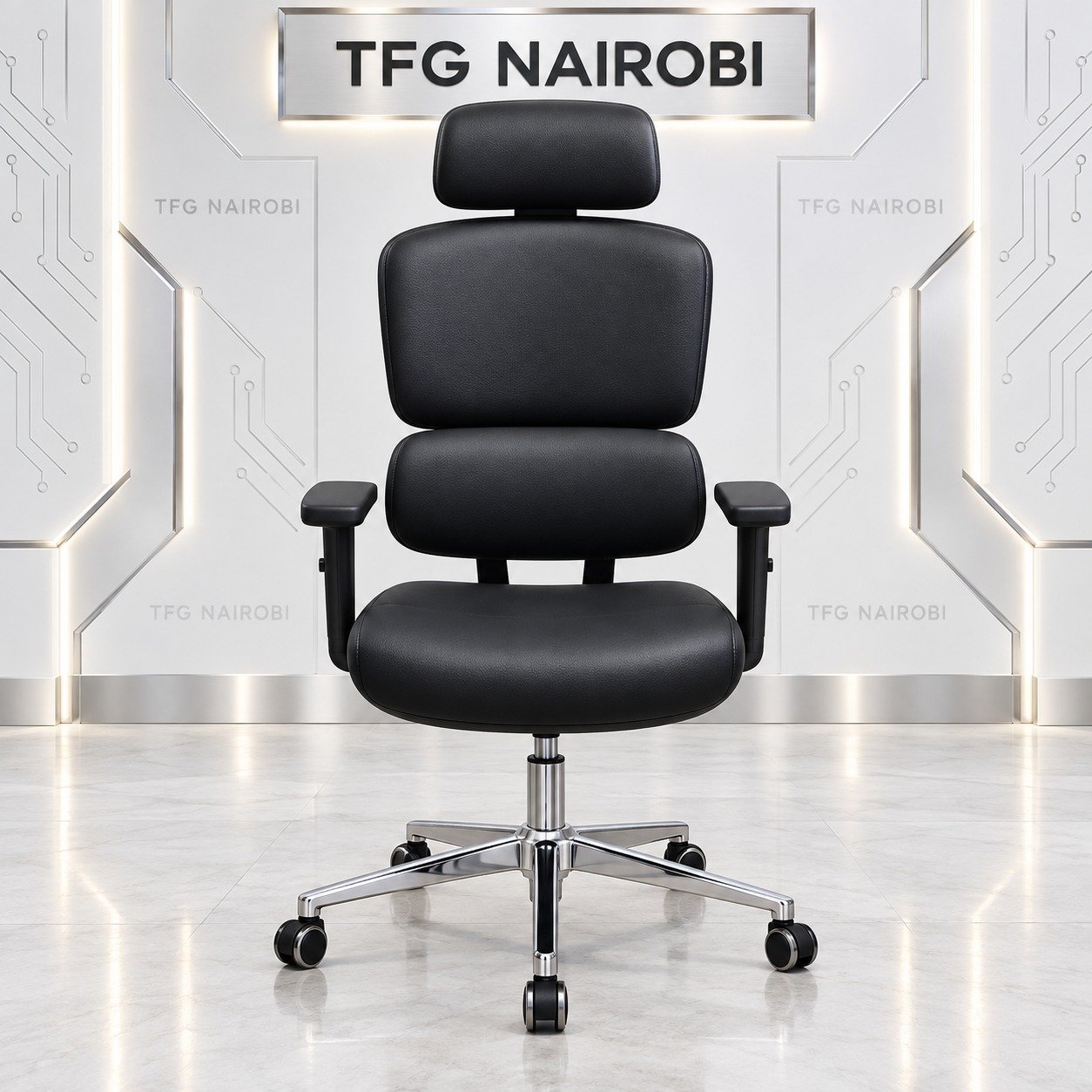 Ergonomic High Back Office Chair Kenya – COLE Q55-2 Black Leat Ergonomic high back office chair Kenya – COLE Q55-2 all black leather chair with lumbar support, adjustable headrest and chrome base, Westlands, Nairobi