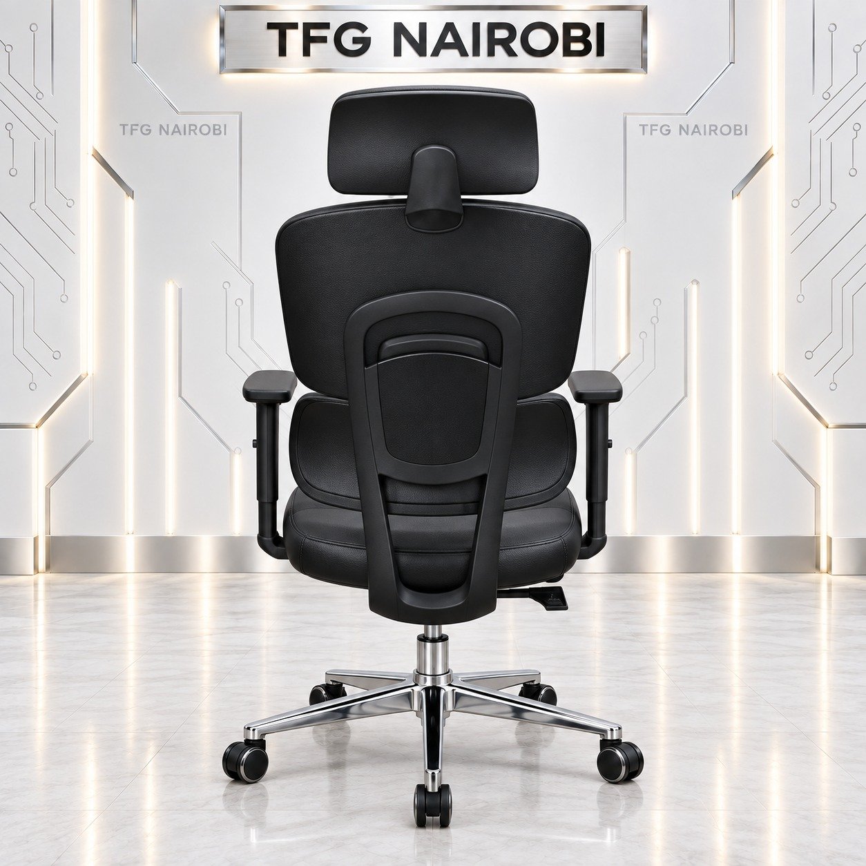Ergonomic High Back Office Chair Kenya – COLE Q55-2 Rear View Ergonomic high back office chair Kenya – rear view of COLE Q55-2 black leather chair with backrest frame, adjustable headrest and chrome 5-star base, Westlands, Nairobi
