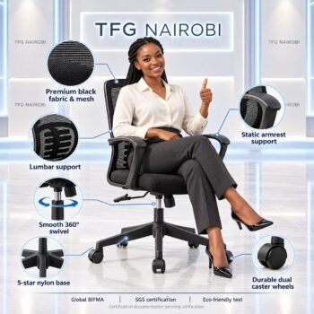 Ergonomic mesh office chair with lumbar support – features infographic of black mid-back chair with fabric and mesh back, static armrests, 360° swivel and 5-star nylon base, Northlands, Nairobi