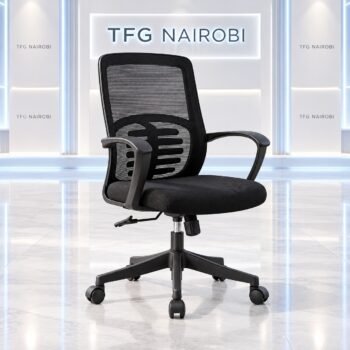 Ergonomic mesh office chair with lumbar support – all black mid-back chair with breathable mesh back, padded seat and fixed armrests, Northlands, Nairobi