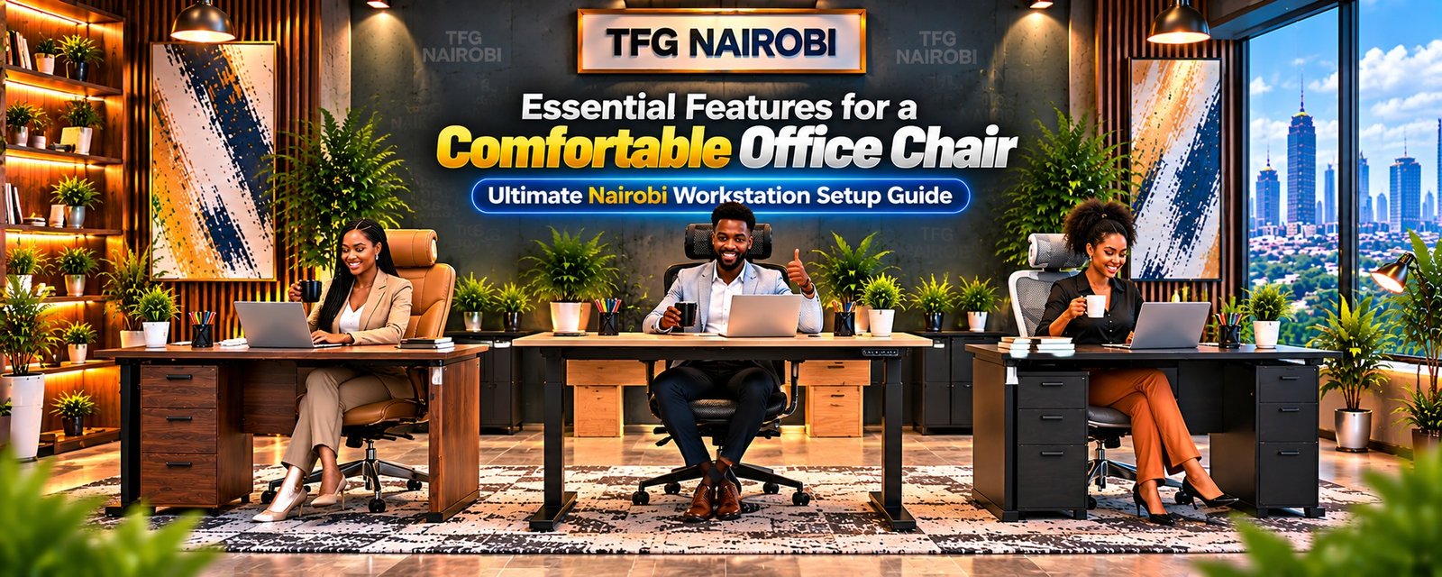 Professionals demonstrating essential features for a comfortable office chair with paired desks in Nairobi Kenya by TFG Nairobi.