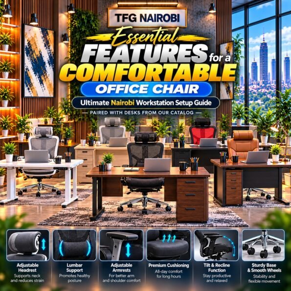 Essential features for a comfortable office chair showcased with best ergonomic office chairs in Kenya desk setups by TFG Nairobi