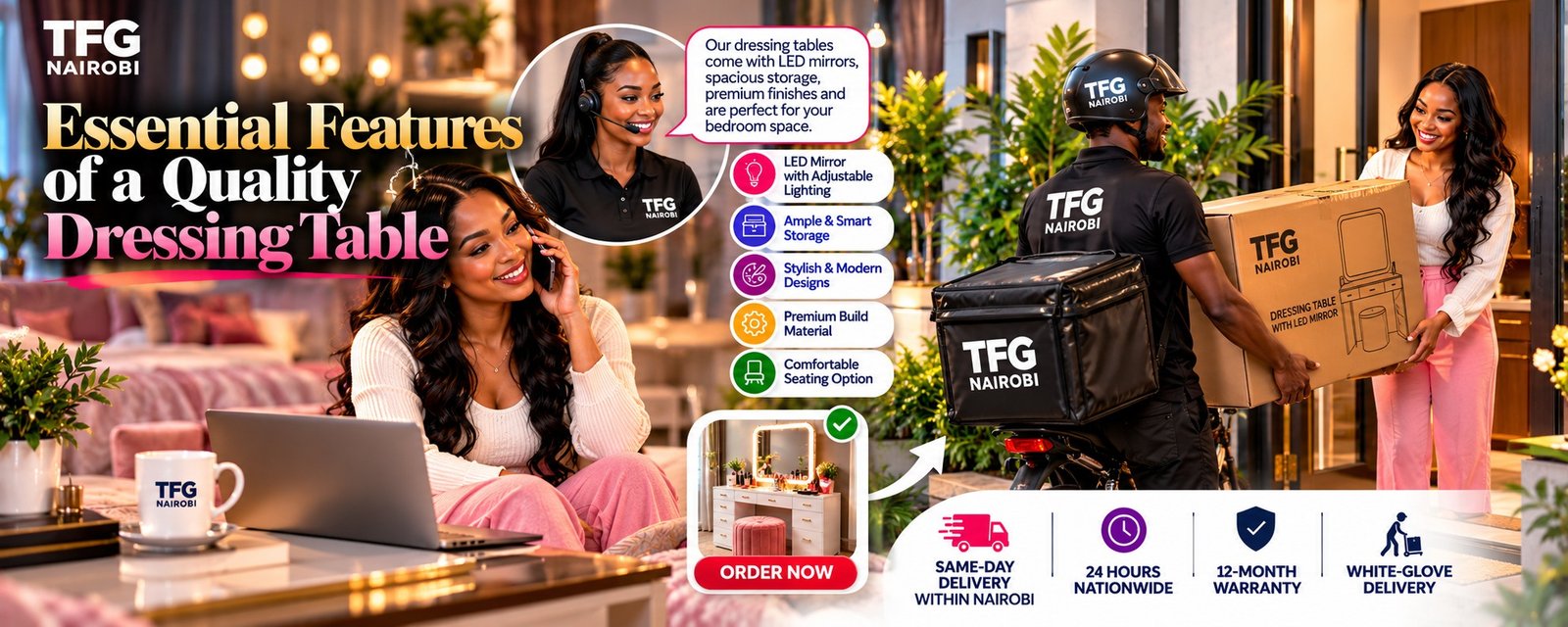 Essential features of a quality dressing table order to delivery process featured alongside best ergonomic office chairs in kenya catalog by TFG Nairobi.