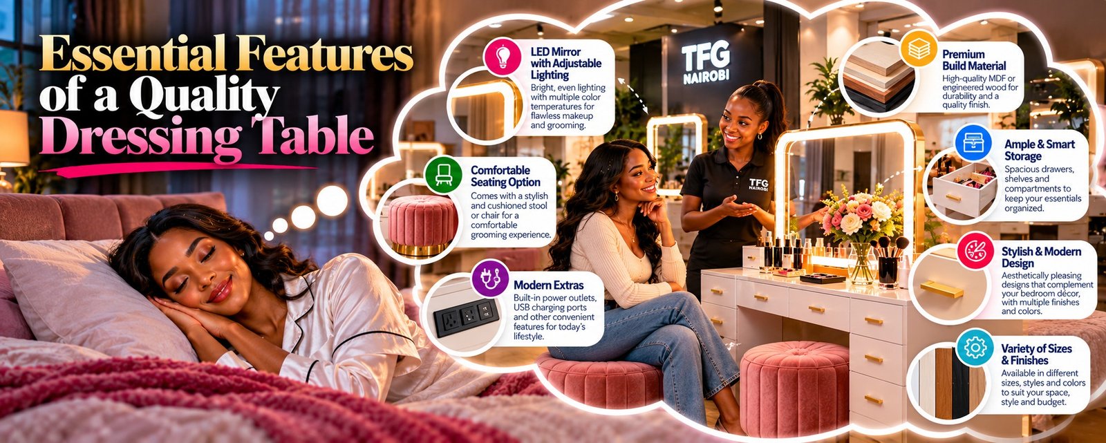 Essential features of a quality dressing table dream guide visual featured alongside best ergonomic office chairs in kenya catalog by TFG Nairobi.