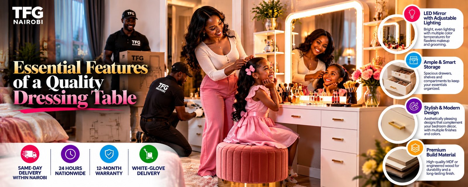 Essential features of a quality dressing table visual featuring white-glove setup alongside best ergonomic office chairs in kenya catalog by TFG Nairobi.