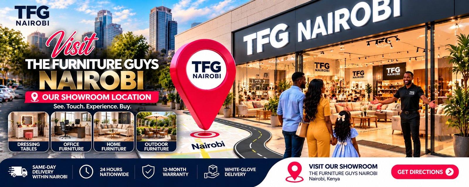 The Furniture Guys Nairobi showroom advertisement guide featuring best ergonomic office chairs in kenya catalog, dressing tables, and home furniture.