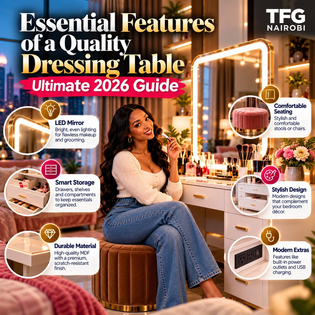 Essential features of a quality dressing table guide visual displayed alongside best ergonomic office chairs in kenya catalog by TFG Nairobi.
