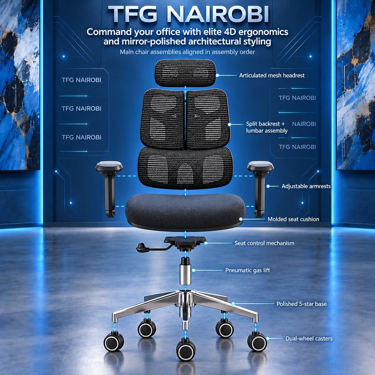 Executive 4D Adjustable Ergonomic Mesh Office Chair Kenya Exploded View – Karen Nairobi Executive 4D Adjustable Ergonomic Mesh Office Chair Kenya exploded assembly diagram staged in Karen Nairobi