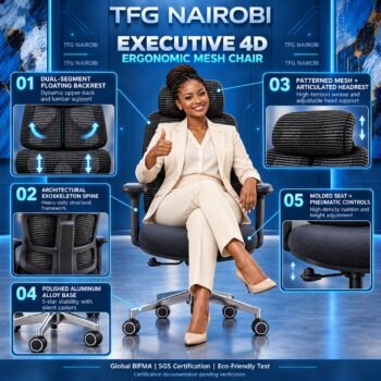 Executive 4D Adjustable Ergonomic Mesh Office Chair Kenya feature breakdown infographic with a professional staged in Karen Nairobi