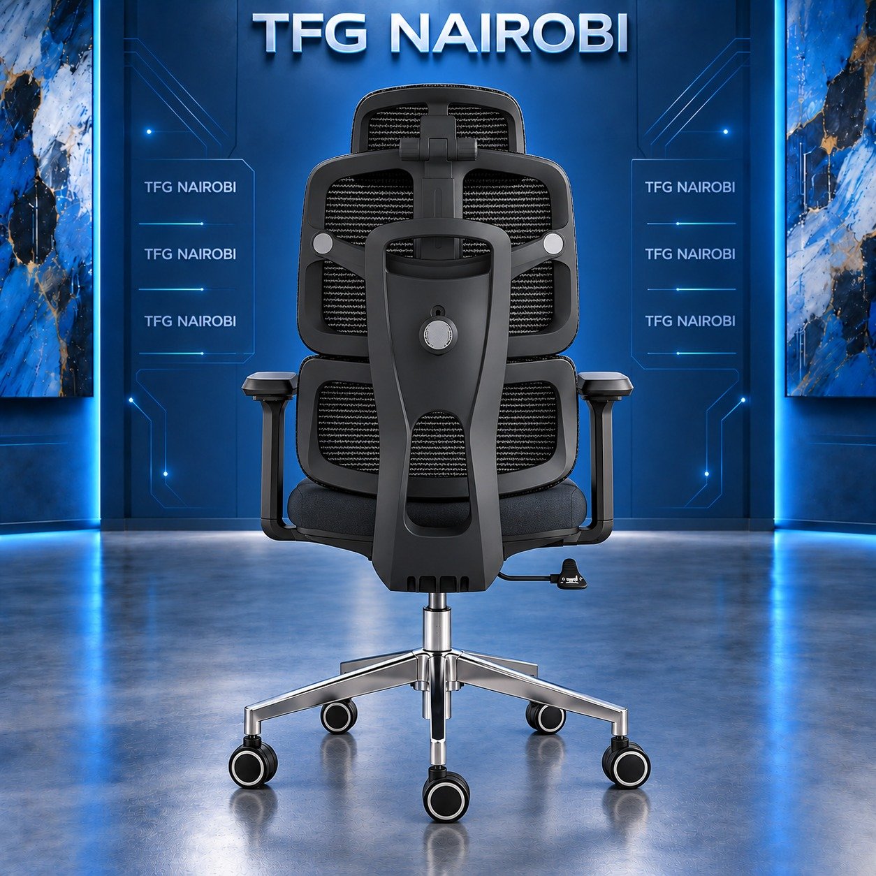 Executive 4D Adjustable Ergonomic Mesh Office Chair Kenya Rear View – Karen Nairobi Executive 4D Adjustable Ergonomic Mesh Office Chair Kenya rear view showing split backrest and exoskeleton spine in Karen Nairobi