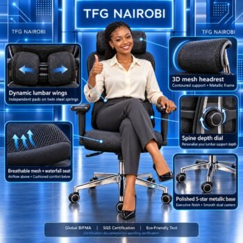 Executive ergonomic mesh chair with dual dynamic lumbar support – features infographic showing lumbar wings, spine depth dial, 3D mesh headrest, waterfall seat and metallic base, Northlands, Nairobi