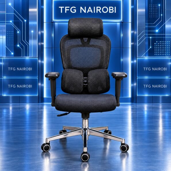 Executive Ergonomic Mesh Chair with Dual Lumbar Support – black high-back mesh chair with two lumbar pads, headrest and polished 5-star base, Northlands, Nairobi
