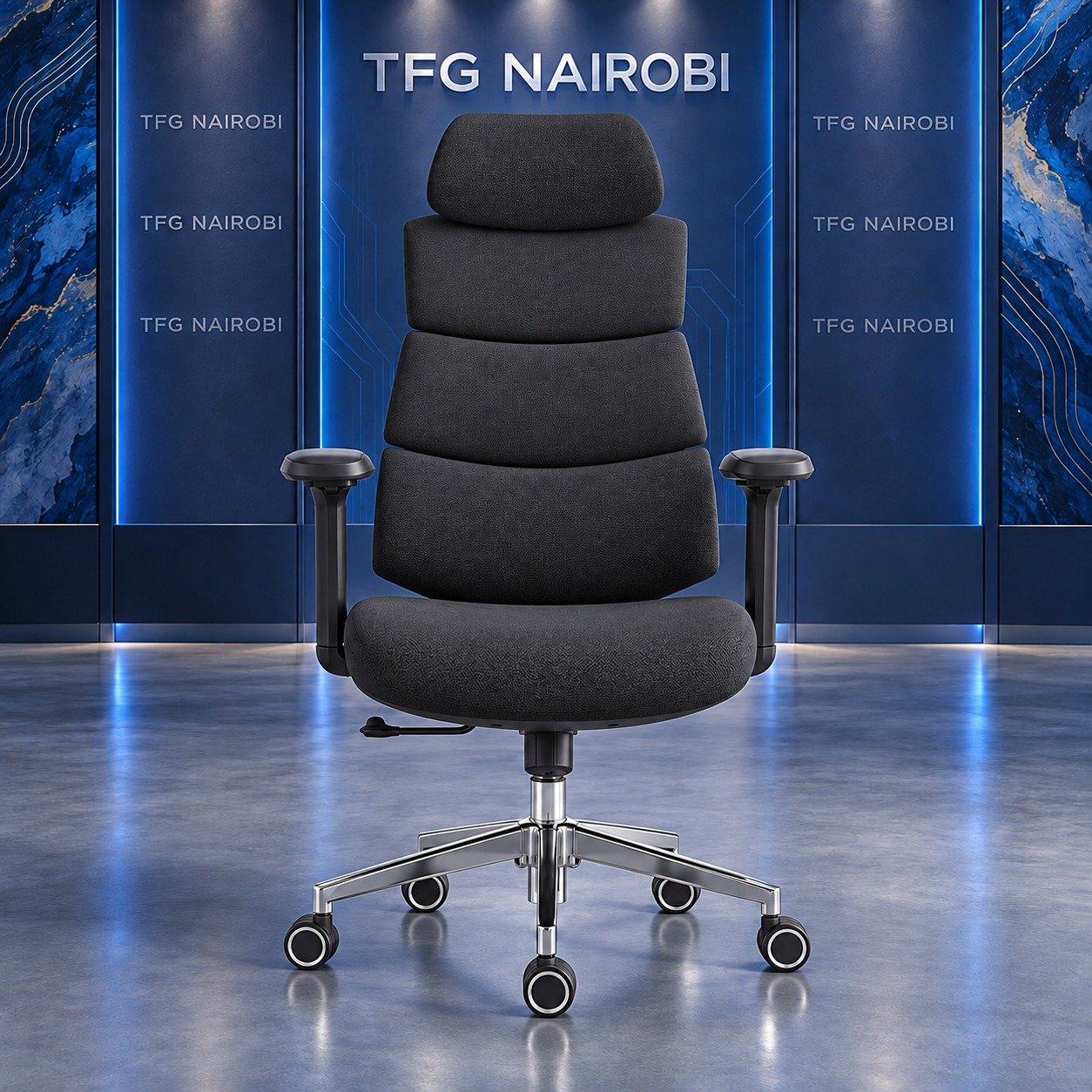 Executive Segmented High-Back Ergonomic Office Chair Nairobi – Kitisuru Nairobi Executive Segmented High-Back Ergonomic Office Chair Nairobi staged in a blue lit TFG Nairobi showroom in Kitisuru Nairobi Kenya