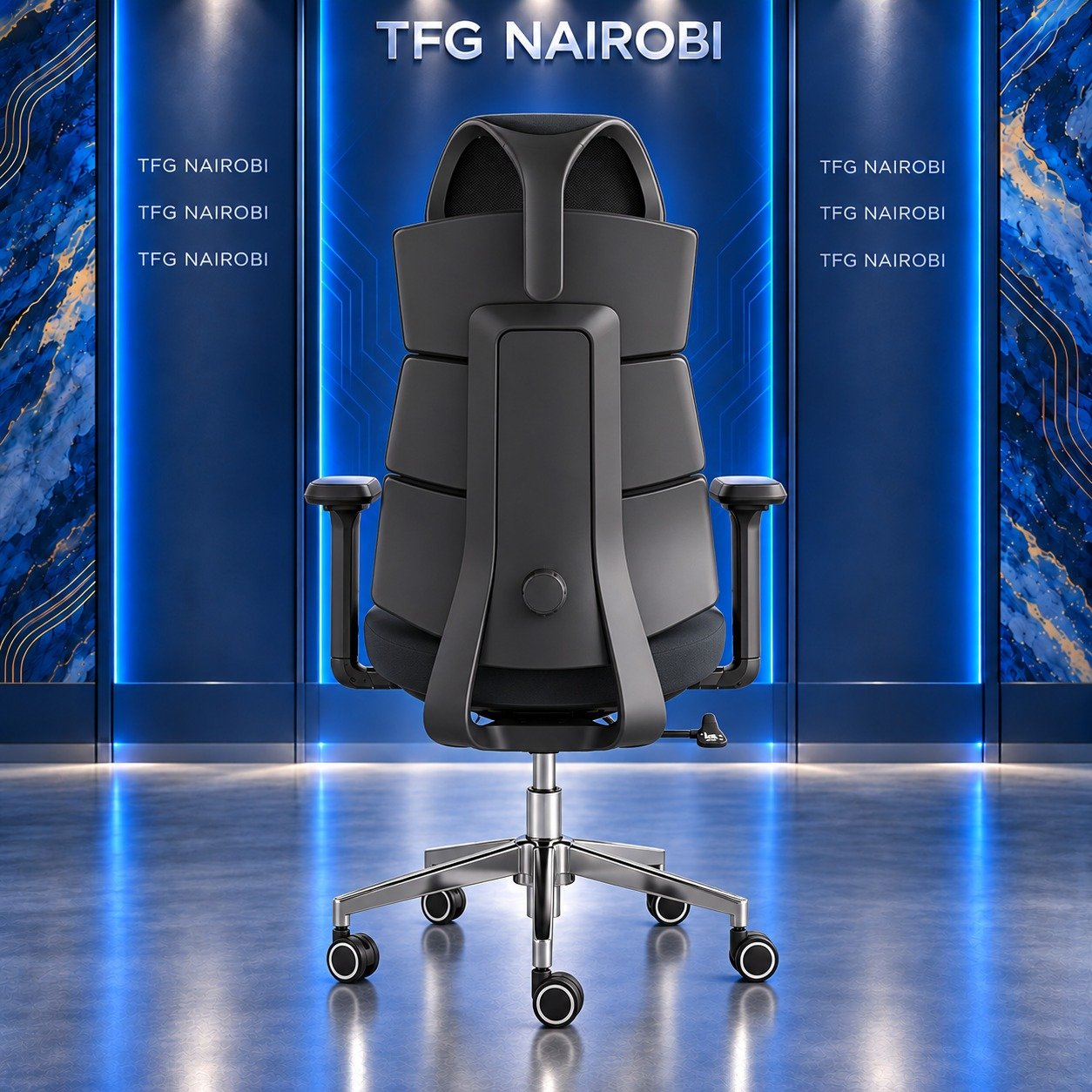 Executive Segmented High-Back Ergonomic Office Chair Nairobi Rear View – Kitisuru Nairobi Executive Segmented High-Back Ergonomic Office Chair Nairobi rear view showcasing external spine exoskeleton and polished alloy base staged by TFG Nairobi in Kitisuru Nairobi Kenya