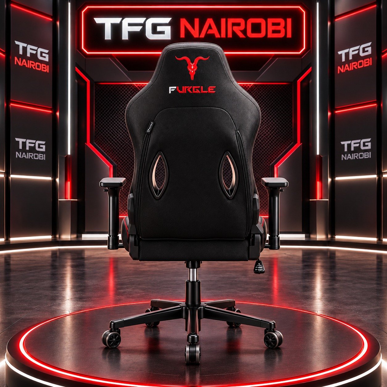 FURGLE F41 MONSTER Ergonomic Gaming Chair Rear View – Kitisuru Nairobi FURGLE F41 MONSTER Ergonomic Gaming Chair rear view displaying red Furgle logo embroidery and ventilation cutouts staged by TFG Nairobi in Kitisuru Nairobi Kenya