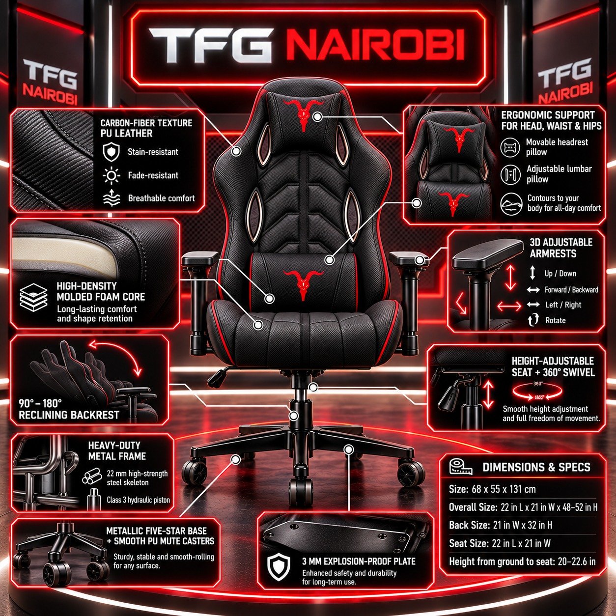 FURGLE F41 MONSTER Ergonomic Gaming Chair Specs Infographic – Kitisuru Nairobi FURGLE F41 MONSTER Ergonomic Gaming Chair technical specification and dimensions infographic staged by TFG Nairobi in Kitisuru Nairobi Kenya
