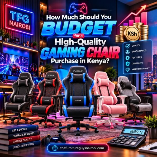 Guide to understanding gaming chair prices in kenya featuring Furgle ergonomic chairs, KSh budget graphics, and TFG Nairobi branding.