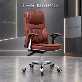 High-back executive leather office chair – brown leather chair with 135° recline, padded armrests and chrome base, Northlands, Nairobi