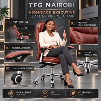 High-back executive leather office chair – features infographic of brown leather chair with 135° recline, padded armrests, metallic 5-star base and dual casters, Northlands, Nairobi