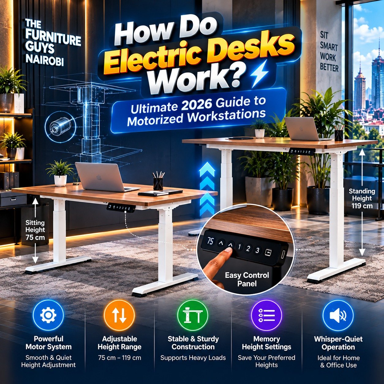 How do electric desks work infographic showing sit-stand height range alongside the best ergonomic office chairs in kenya by TFG Nairobi.
