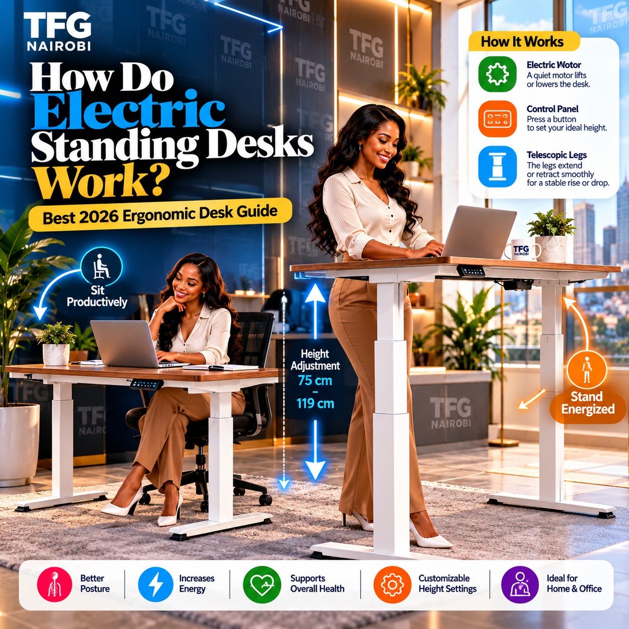 How do electric standing desks work guide visual featured alongside best ergonomic office chairs in kenya catalog by TFG Nairobi.