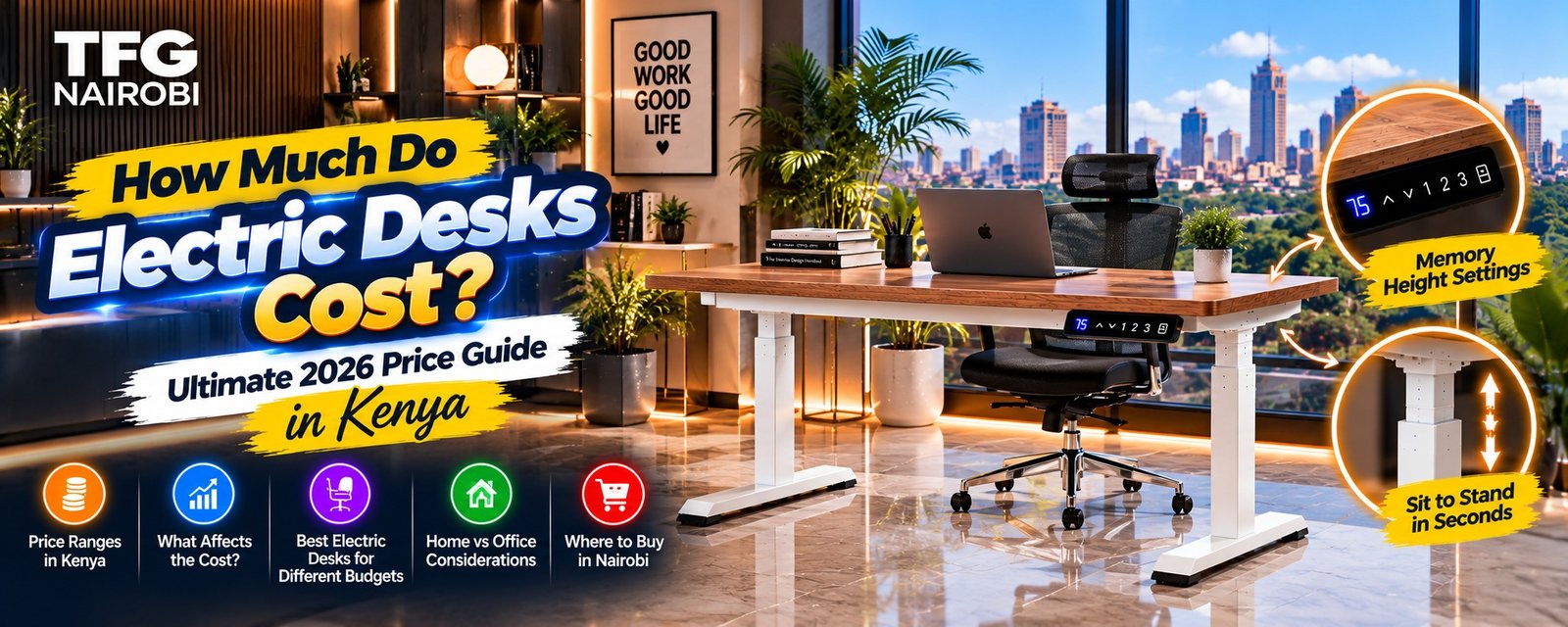 How much do electric desks cost guide displayed alongside the best ergonomic office chairs in kenya by TFG Nairobi