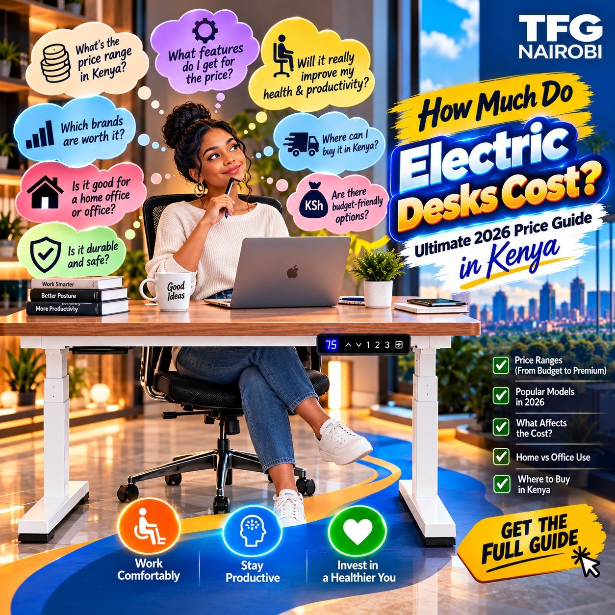 How much do electric desks cost guide infographic featuring buying questions and the best ergonomic office chairs in kenya by TFG Nairobi.