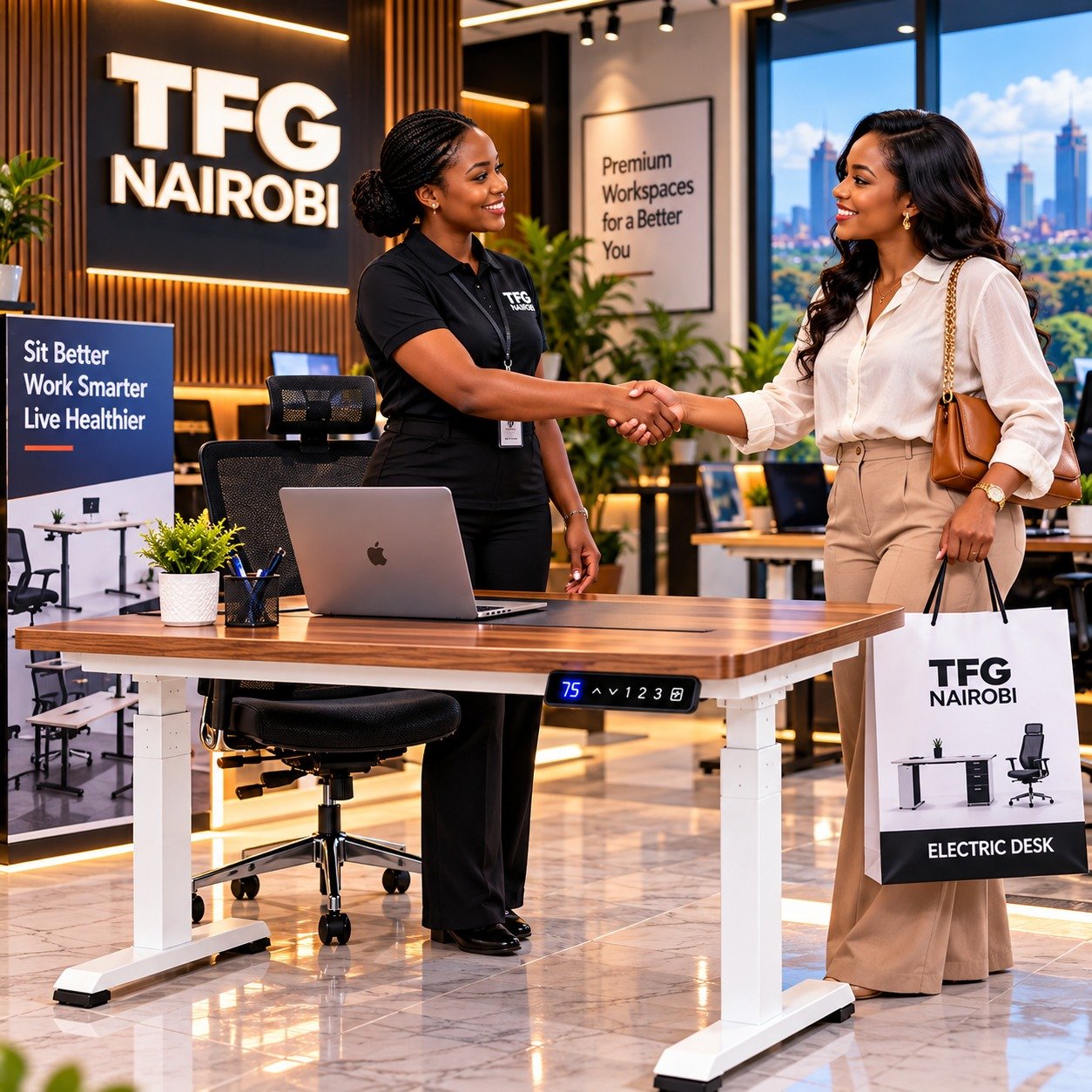 Electric standing desk purchase handshake at TFG Nairobi showroom featuring the best ergonomic office chairs in kenya.