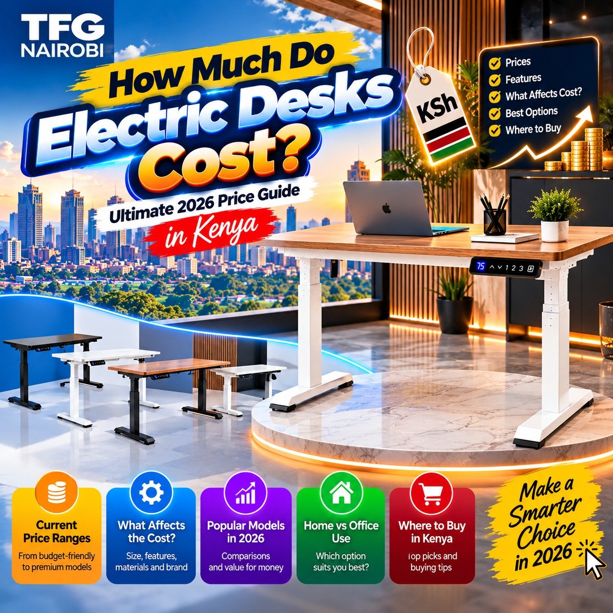 How much do electric desks cost guide displaying motorized desk price tiers and best ergonomic office chairs in kenya by TFG Nairobi.