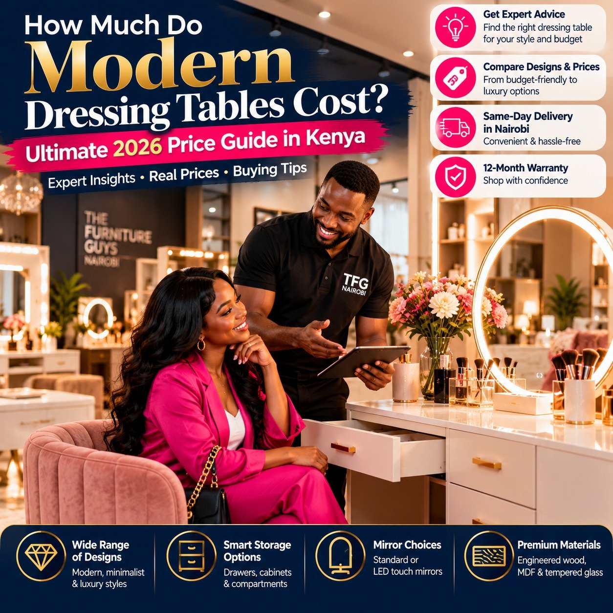How much do modern dressing tables cost price guide visual featuring showroom consultation alongside best ergonomic office chairs in kenya by TFG Nairobi.