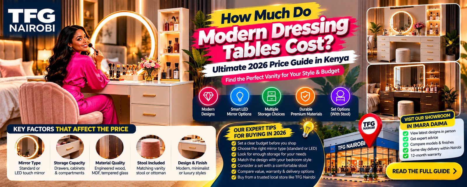 How much do modern dressing tables cost price guide banner featured alongside best ergonomic office chairs in kenya by TFG Nairobi.